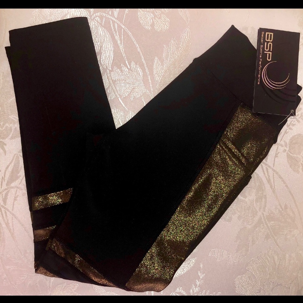 BSP•BETTER SPORTS GOLD METALLIC /BLACK LEGGINGS - Picture 4 of 8